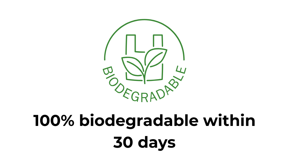 Logo indicating that the product is 100% biodegradable within 30 days, featuring a leaf design and the word 'Biodegradable'.