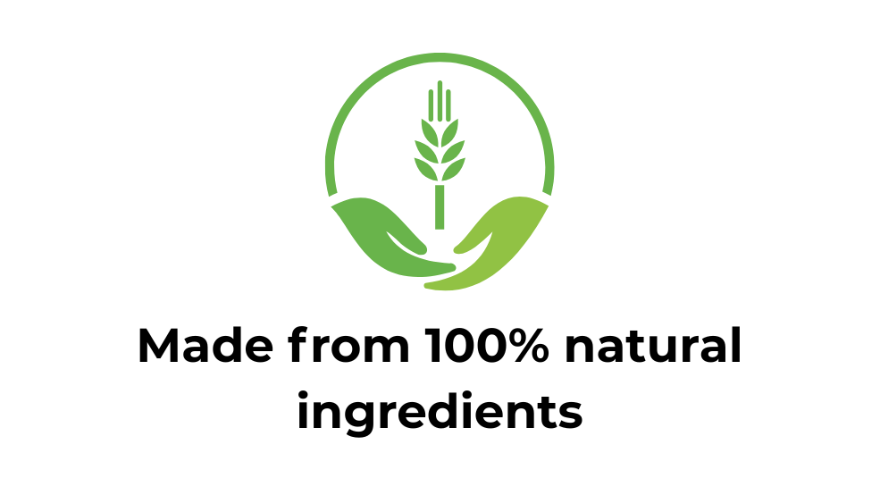 Logo depicting hands holding a wheat plant with text stating 'Made from 100% natural ingredients'.