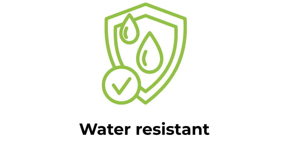 Icon representing water resistance with droplets and a checkmark.