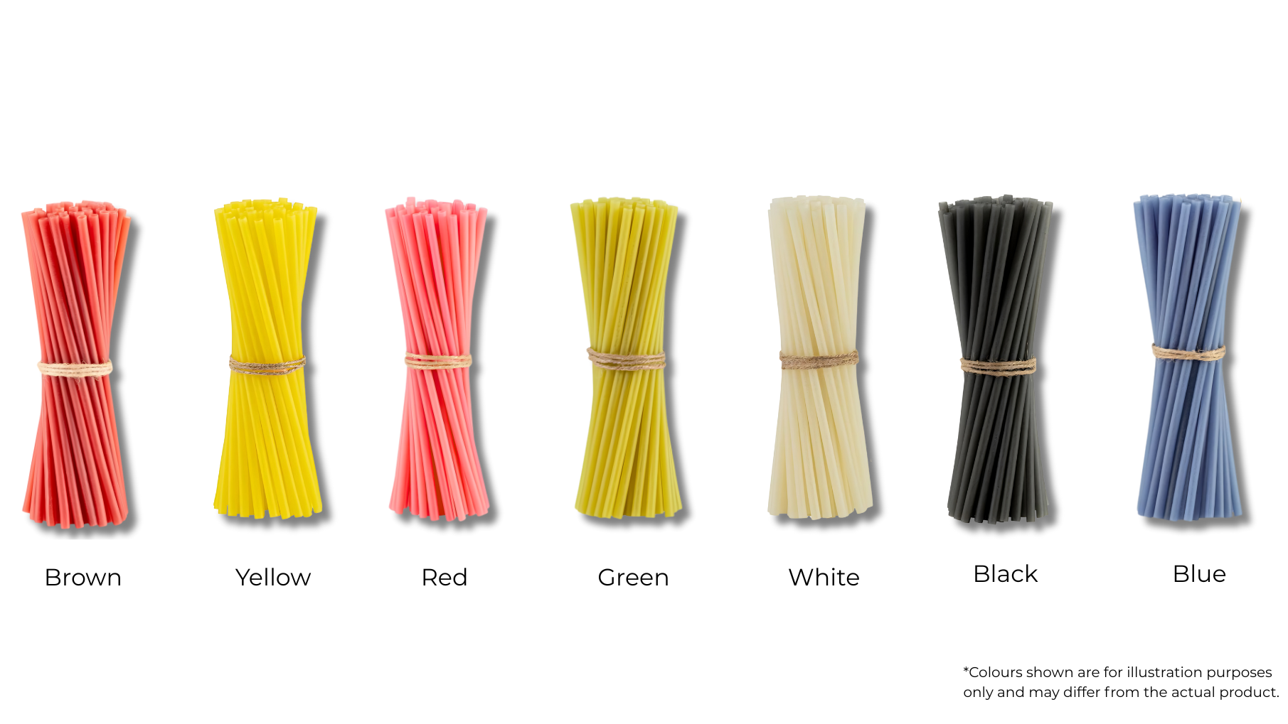 Different colored bundles of biodegradable rice straws, showcasing options including brown, yellow, red, green, white, black, and blue.