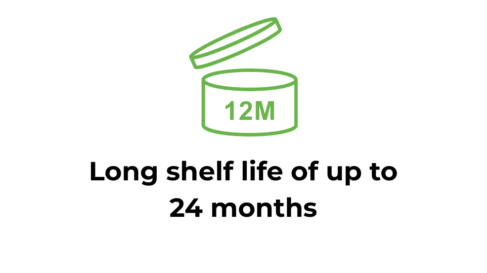Icon of a canister with a lid and text indicating a 12-month shelf life with the phrase 'Long shelf life of up to 24 months' below.