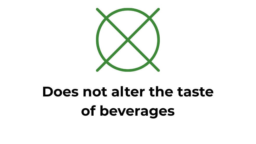 Icon indicating that the product does not alter the taste of beverages, featuring a green circle with a cross and the text in bold black.
