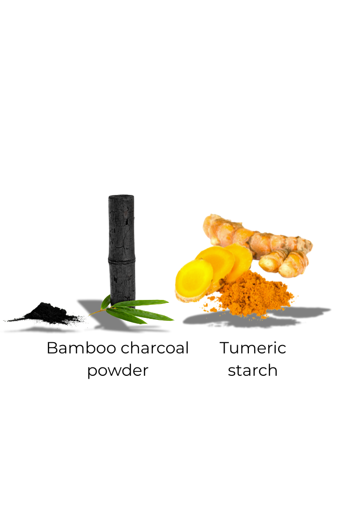 Bamboo charcoal powder next to a piece of bamboo and turmeric starch with raw turmeric root and powdered turmeric.