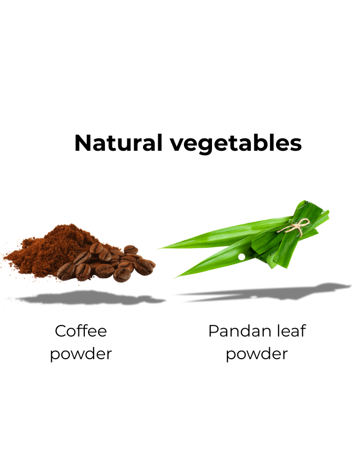Coffee powder and pandan leaf powder displayed as natural vegetables.