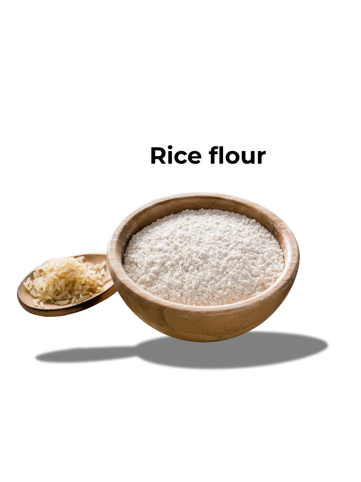 A bowl of rice flour with a spoonful of raw rice beside it, labeled 'Rice flour'.