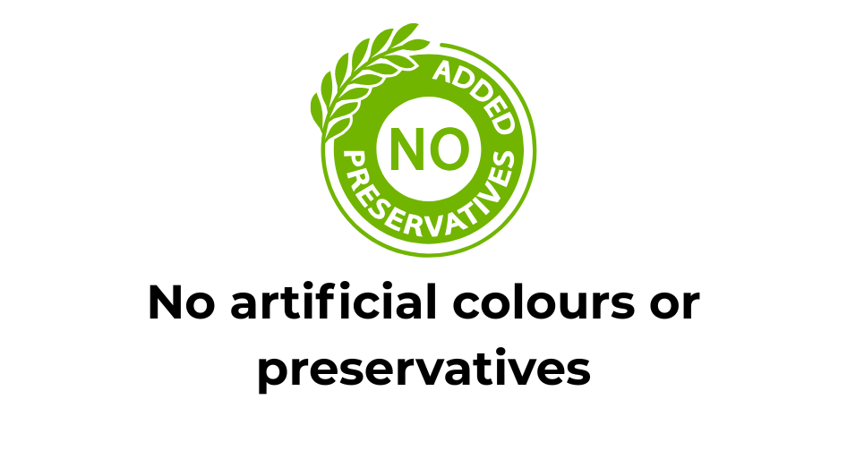 Graphic indicating 'No artificial colours or preservatives' with a green seal design.